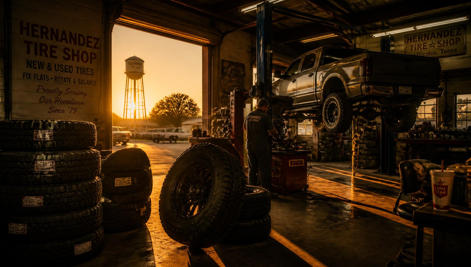 Inside the Tire Barn Plus shop at golden hour